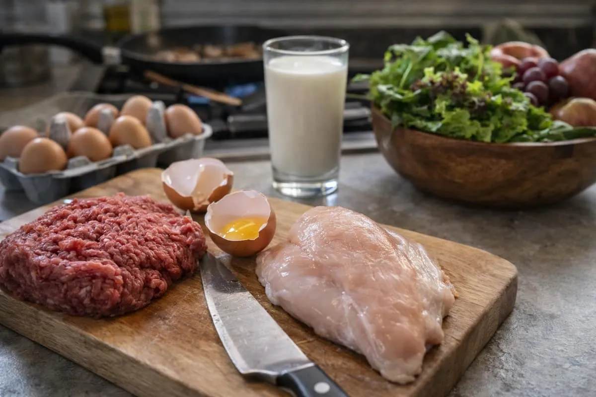 Carne cruda, pollo, huevos y leche en cocina como alimentos de riesgo de intoxicación alimentaria