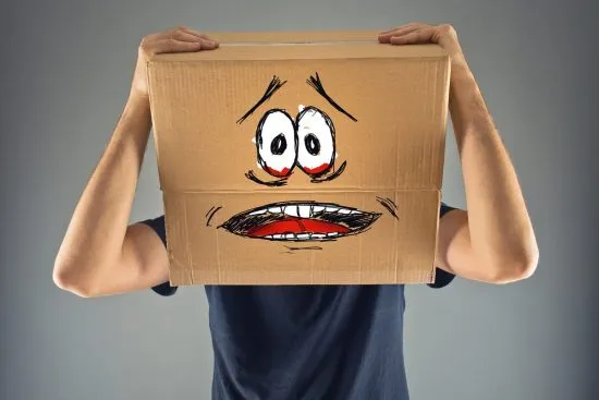 Persona abrumada por la ansiedad escondiendo su rostro tras una caja, simbolizando la necesidad de validación para manejar emociones intensas.