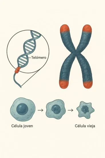 Ilustración científica que muestra el ADN, los telómeros y el proceso de envejecimiento celular desde una célula joven hasta una célula vieja.