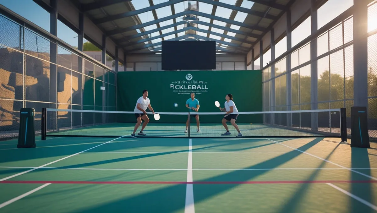 Dos personas jugando al pickleball en una pista al aire libre, disfrutando del deporte activo.