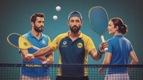 Tres jugadores de pickleball, posando en una cancha, representando el origen y la creciente popularidad de este deporte ideado en Estados Unidos.
