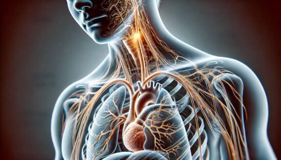 Ilustración del sistema nervioso mostrando cómo el estrés crónico y el cortisol generan tensión muscular que causa dolor emocional en la espalda.