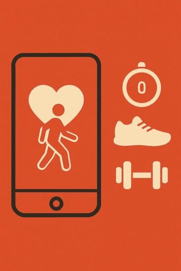 Diseño vertical con fondo rojo, íconos de fitness y texto “10 aplicaciones que te ayudarán a salir del sedentarismo”.