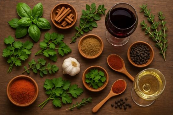 Hierbas y especias naturales para cocinar con sabor Hierbas frescas y especias variadas como albahaca, perejil, orégano, romero, comino, pimienta negra, pimentón y ajo, acompañadas de copas con líquidos sobre una mesa de madera.