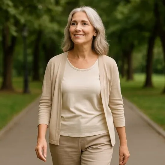 Nujer sonrientes con expresión de bienestar y plenitud en la etapa de la menopausia.