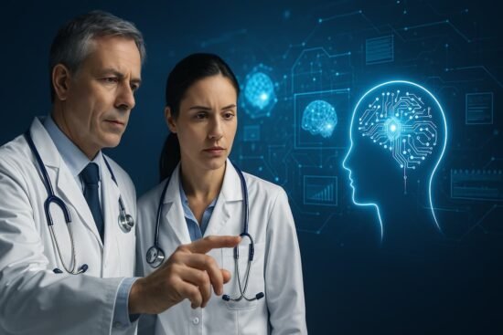 Inteligencia artificial médica: los desafíos de la tecnología en salud Pareja de médicos analizan resultados en una pantalla digital con inteligencia artificial, representando el uso de tecnología