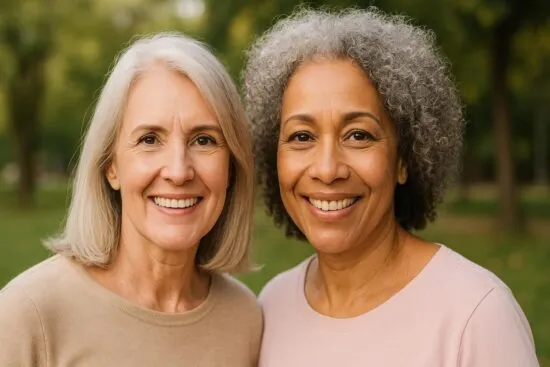 Dos mujeres adultas sonrientes al aire libre, representando bienestar y confianza en la etapa de la menopausia.