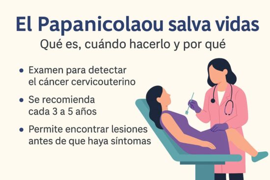 Ilustración informativa sobre el Papanicolaou que explica qué es, cuándo hacerlo y por qué es importante para prevenir el cáncer cervicouterino.