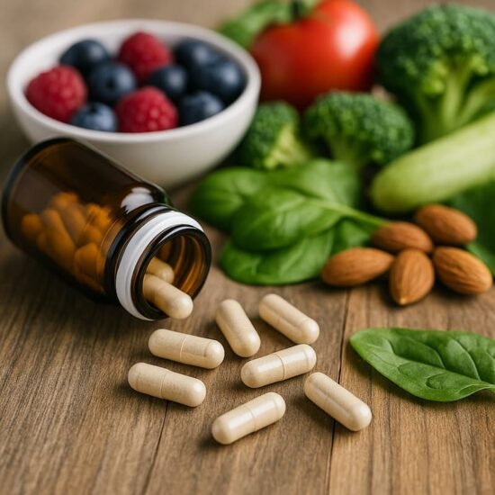 Alimentos que cuidan la microbiota Suplementos probióticos junto a frutas frescas y alimentos naturales para una dieta equilibrada.