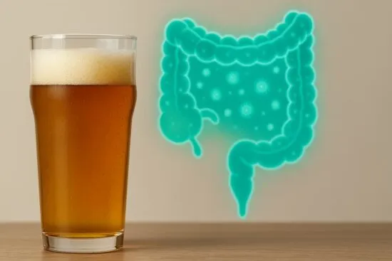 Vaso de cerveza junto a una ilustración del intestino grueso, destacando el impacto del alcohol en la microbiota.
