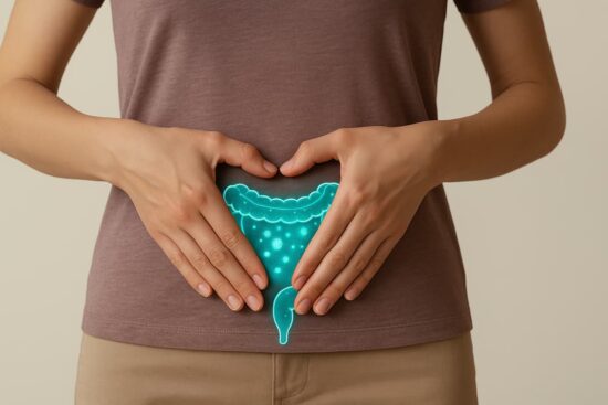 Flatulencias: los gases intestinales "hablan" de tu salud 6 Ilustración de la microbiota intestinal resaltada sobre el abdomen de una persona, simbolizando salud digestiva.
