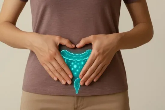 Ilustración de la microbiota intestinal resaltada sobre el abdomen de una persona, simbolizando salud digestiva.