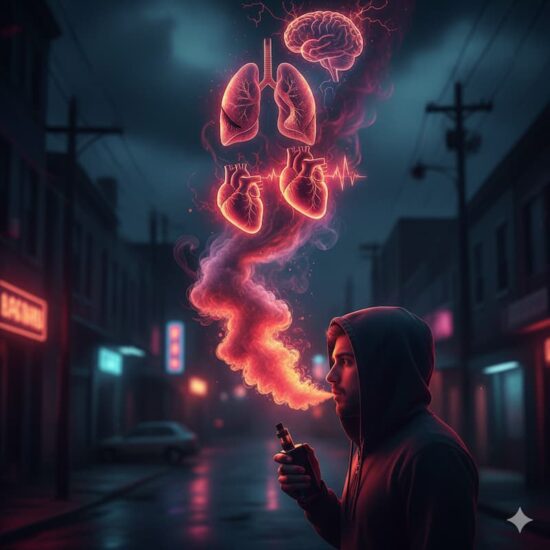 Composición artística que muestra el humo de un vapeador formando una silueta de advertencia, representando las toxinas y metales pesados inhalados al vapear.