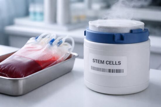 Células madre del cordón umbilical: guía completa para familias 14 Muestra de sangre de cordón umbilical y contenedor de criopreservación en laboratorio de células madre en Argentina