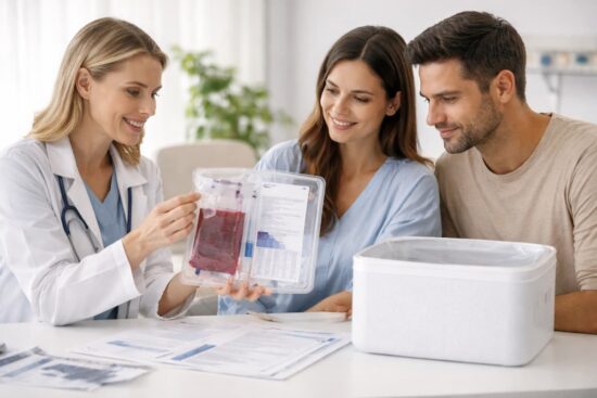 Células madre del cordón umbilical: guía completa para familias 12 Médica explicando kit de recolección de células madre del cordón umbilical a futuros padres en consulta prenatal