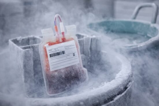 Bolsa criopreservada con células madre del cordón umbilical almacenada en nitrógeno líquido