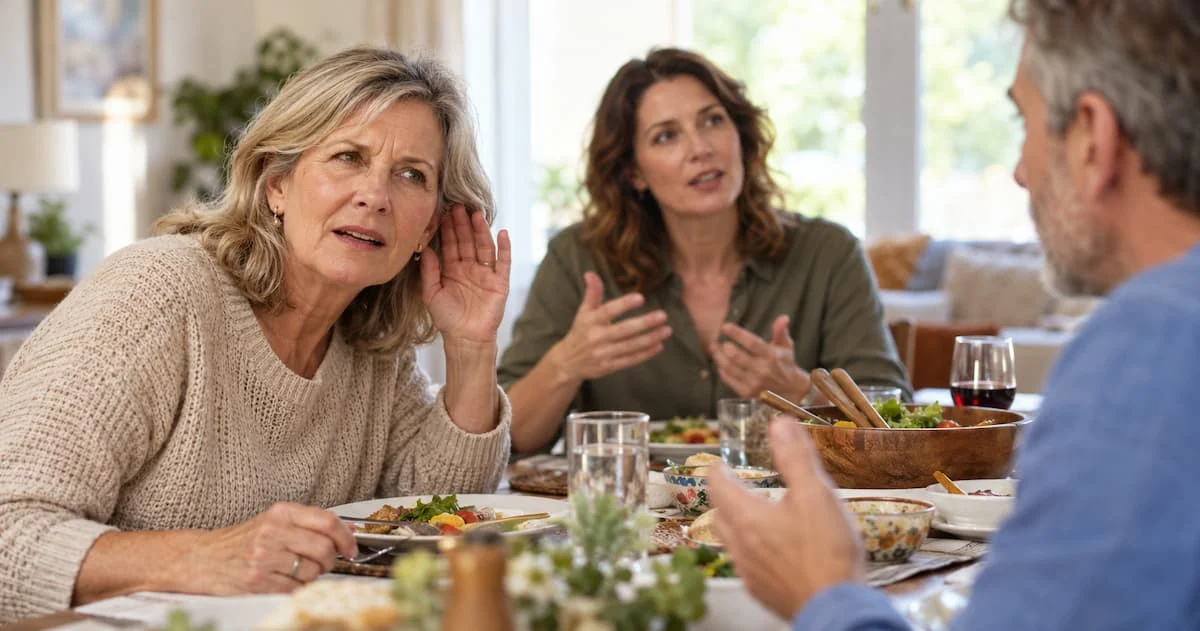 Mujer se acerca una mano al oído mientras intenta escuchar una conversación durante una comida familiar.
