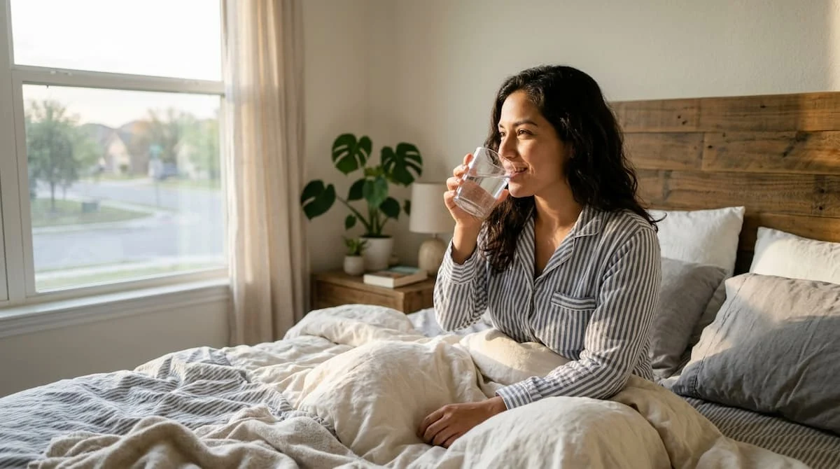 mujer bebiendo agua en la cama
